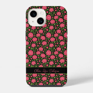 Cute Personalised Black Girly Floral Pink Peonies iPhone 14 Case