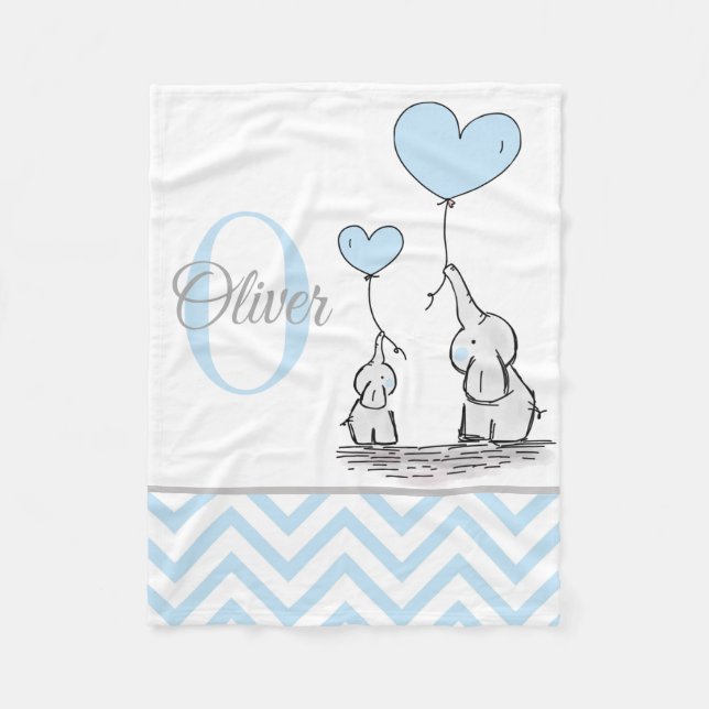 Cute Personalised Blue Grey Elephant Chevron Baby Fleece Blanket (Front)