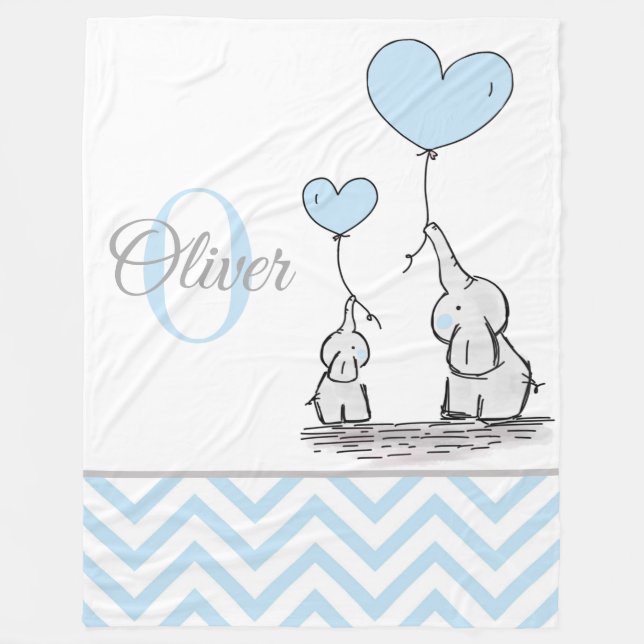 Cute Personalised Blue Grey Elephant Chevron Baby Fleece Blanket (Front)