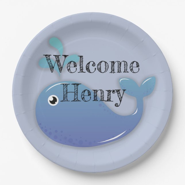 Cute Personalised Blue Whale Baby Shower Paper Plate (Front)