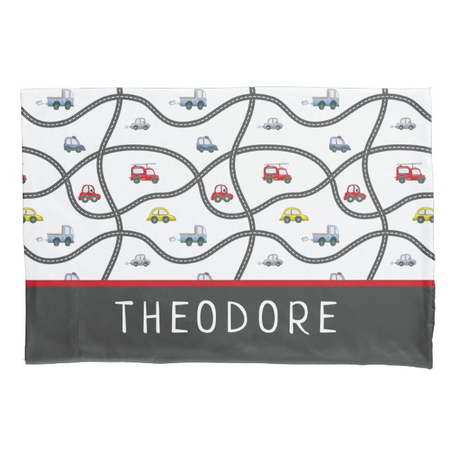 Cute Personalised Boy Name Kids Bedroom Car Pillowcase (Front)