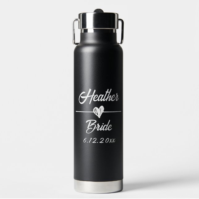 Cute Personalised Bride Black and White Water Bottle (Front)