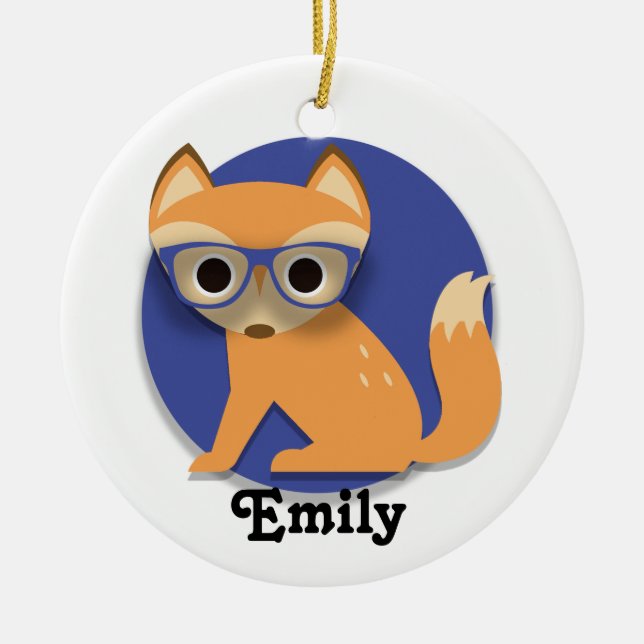 Cute Personalised Brown Fox w/ Glasses Blue Ceramic Tree Decoration (Front)