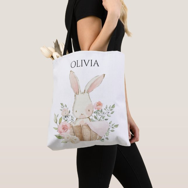 Cute Personalised Bunny Rabbit in Basket  Tote Bag (Close Up)