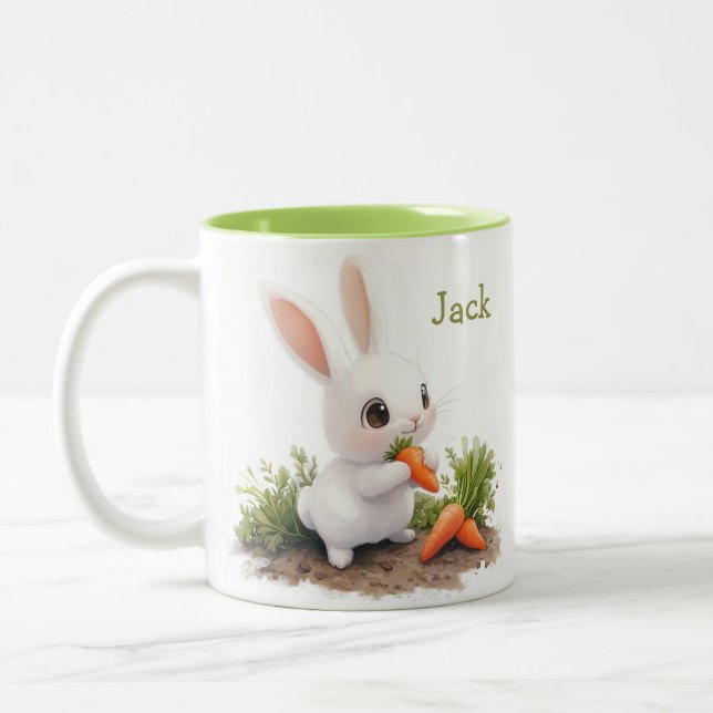 Cute Personalised Bunny with Carrot Two-Tone Coffee Mug (Left)