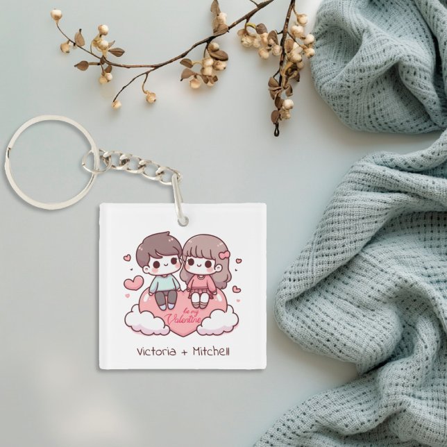 Cute Personalised Chibi-Style Be Mine Couple  Key Ring (Cute Personalized Chibi-Style Be Mine Couple Keychain)