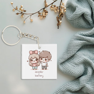 Cute Personalised Chibi-Style Flirting Couple Key Ring