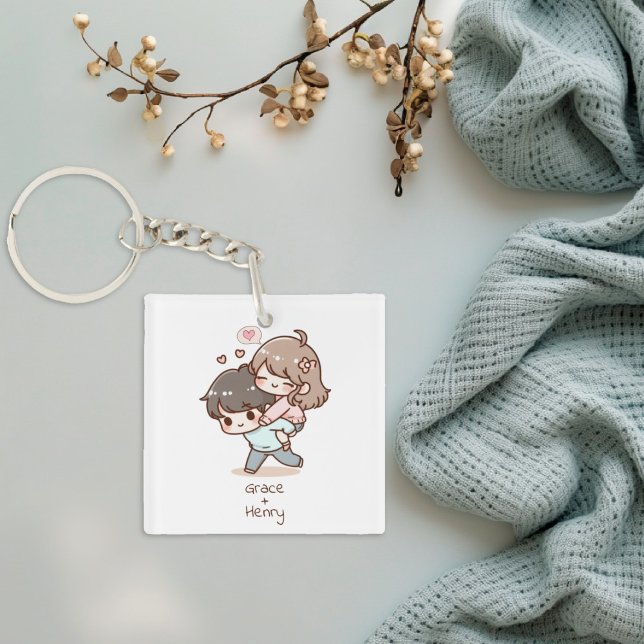 Cute Personalised Chibi-Style Playful Couple  Key Ring (Cute Personalized Chibi-Style Playful Couple Keychain)