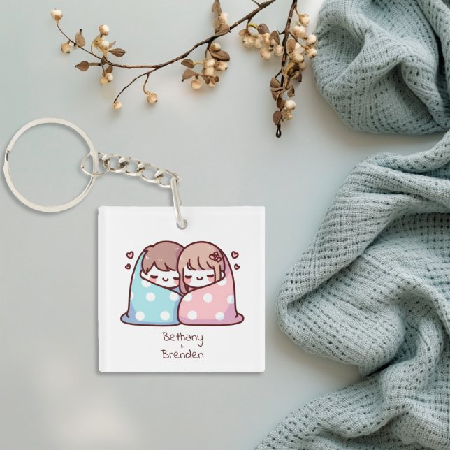 Cute Personalised Chibi-Style Snuggle Couple  Key Ring (Cute Personalized Chibi-Style Snuggle Couple Keychain)