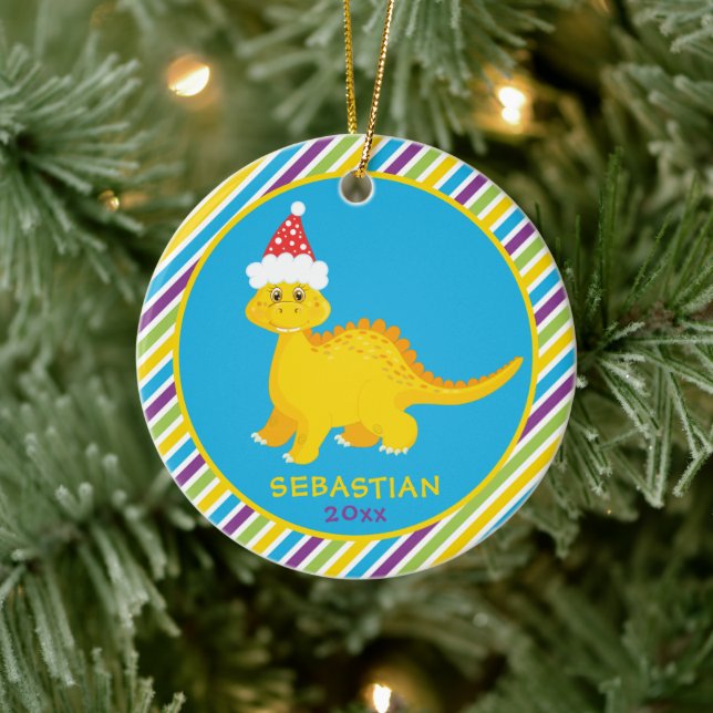 Cute Personalised Christmas Dinosaur Striped Ceramic Tree Decoration (Tree)