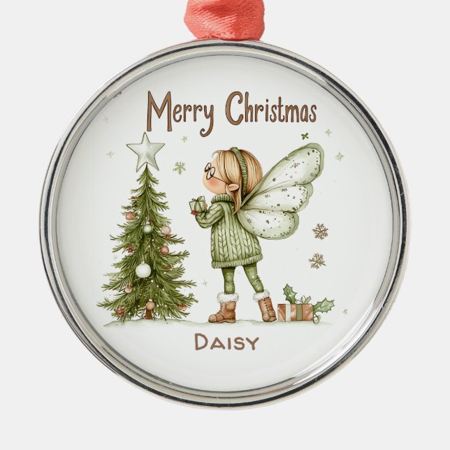 Cute Personalised Christmas Fairy and Tree  Metal Tree Decoration (Front)