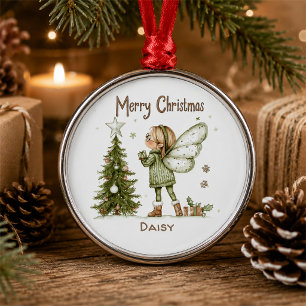 Cute Personalised Christmas Fairy and Tree Metal Tree Decoration
