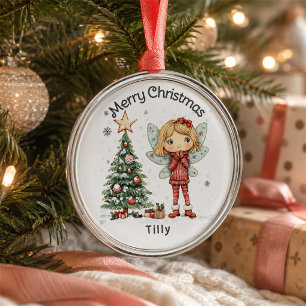 Cute Personalised Christmas Fairy and Tree Metal Tree Decoration