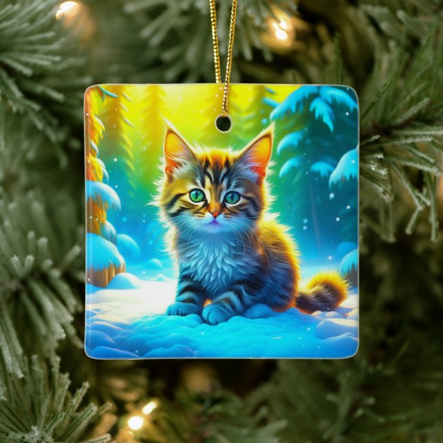 Cute Personalised Christmas Kitten  Ceramic Ornament (Tree)