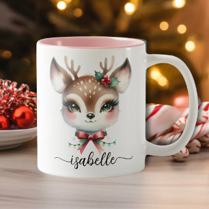 Cute Personalised Christmas Reindeer Two-Tone Coffee Mug