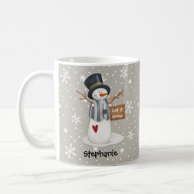 Cute Personalised Christmas Snowman Let It Snow Coffee Mug (Left)