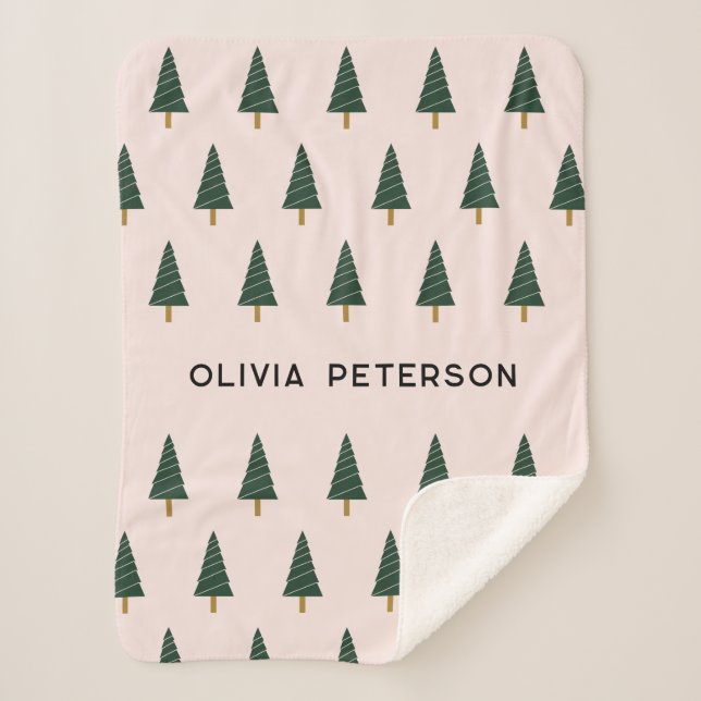 Cute Personalised Christmas Tree Pattern Pink Sherpa Blanket (Front)