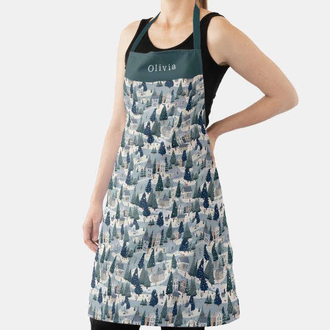 Cute Personalised Christmas Winter Pattern Apron. Apron (Insitu)