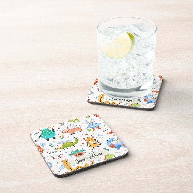 Cute Personalised Colourful Dinosaur Alien Kids Coaster (Right Side)