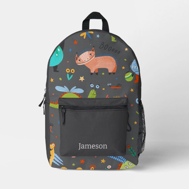 Cute Personalised Colourful Dinosaur Alien Kids Printed Backpack (Front)