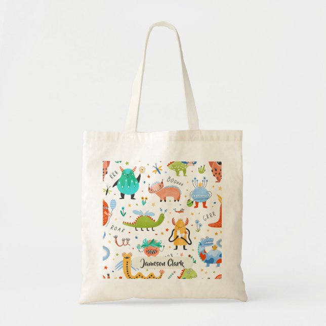 Cute Personalised Colourful Dinosaur Alien Kids Tote Bag (Front)