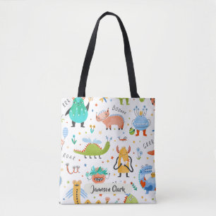 Cute Personalised Colourful Dinosaur Alien Kids Tote Bag
