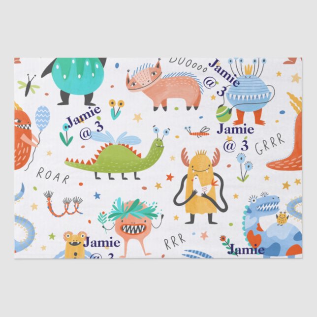 Cute Personalised Colourful Dinosaur Kids Birthday Tissue Paper (Front)