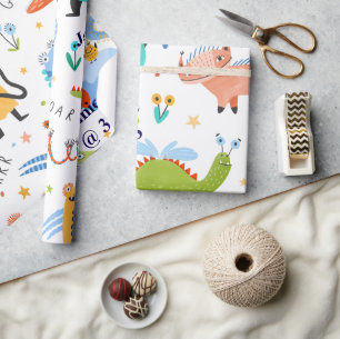 Cute Personalised Colourful Dinosaur Kids Birthday Wrapping Paper
