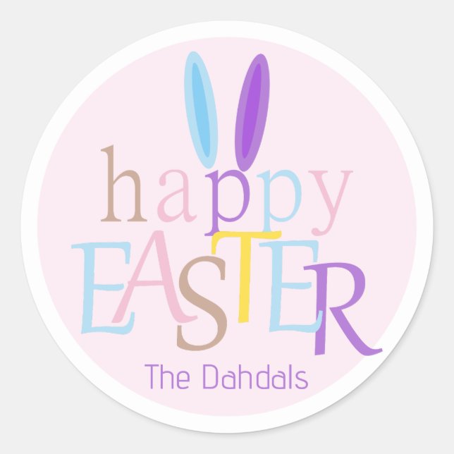 Cute Personalised Colourful Happy Easter Bunny Pin Classic Round Sticker (Front)