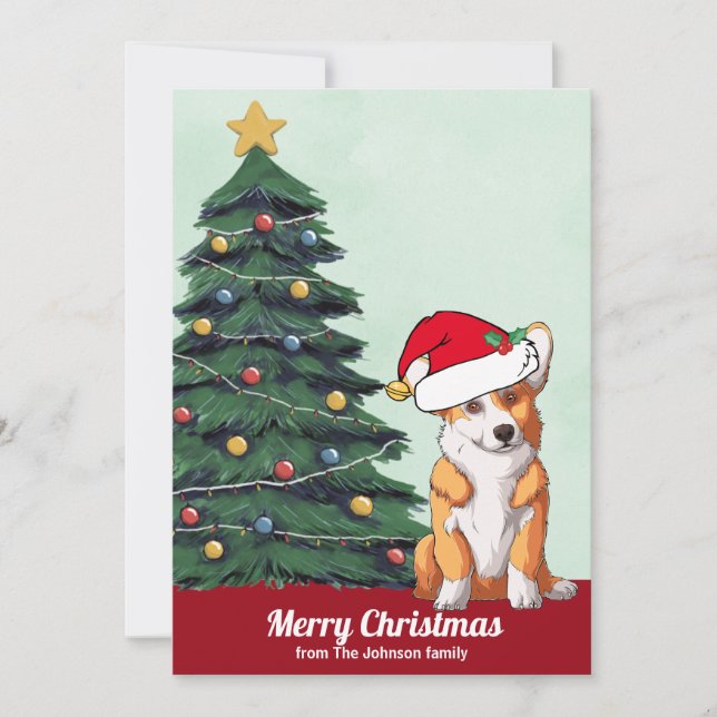Cute Personalised Corgi Santa Hat Christmas Tree Holiday Card (Front)