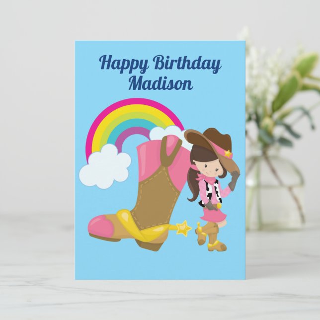 Cute Personalised Cowgirl Rainbow Happy Birthday Card (Standing Front)