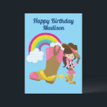 Cute Personalised Cowgirl Rainbow Happy Birthday Card<br><div class="desc">Cute custom cowgirl happy birthday card featuring a little girl dressed in pink leaning against a cowboy boot and tipping her country western hat. The rainbow against the blue sky background makes a pretty touch for this cool custom southern kids card.</div>