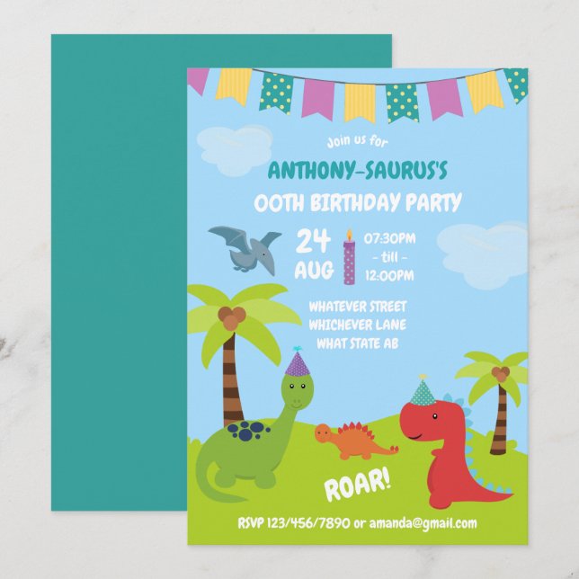 Cute Personalised Dinosaur themed Party Invitation (Front/Back)