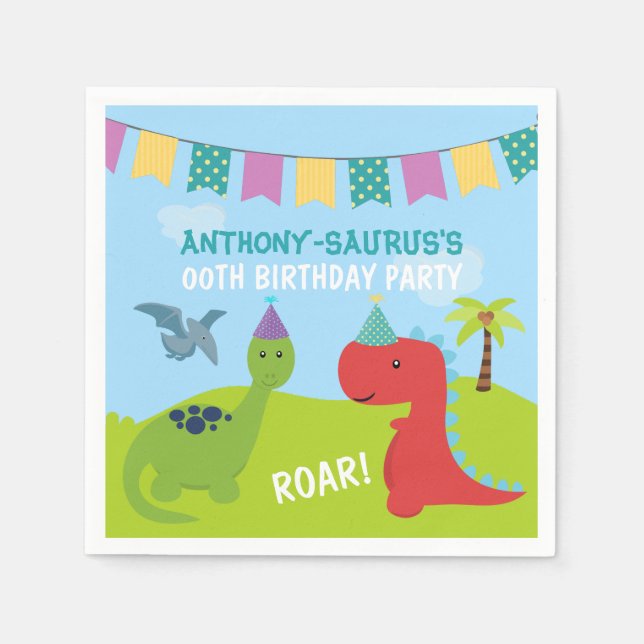 Cute Personalised Dinosaur themed Party Napkin (Front)