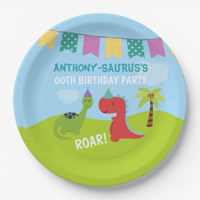 Cute Personalised Dinosaur themed Party Paper Plate (Front)