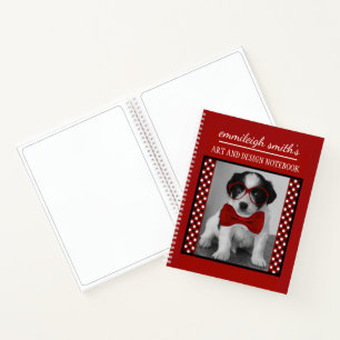 Cute Personalised Dog Glasses Black Red Polka Dots Notebook