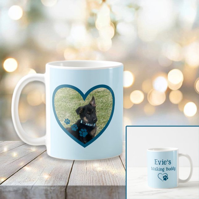 Cute Personalised Dog Walking Buddy Heart Photo Coffee Mug (Teal Personalized Dog Walking Buddy Heart Photo Mug
)