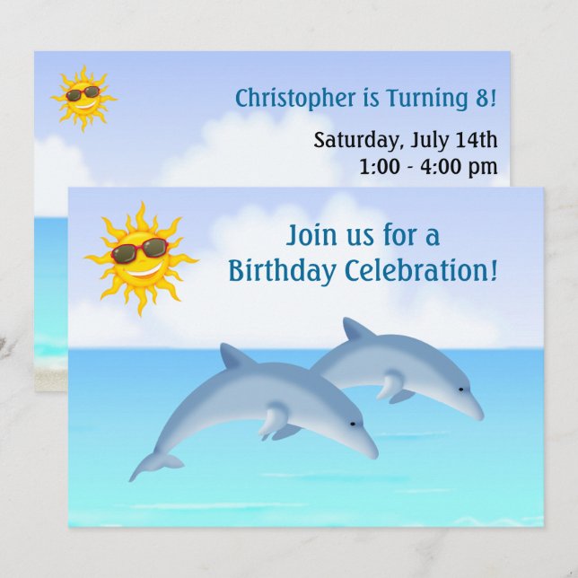 Cute Personalised Dolphins Beach Birthday Invite (Front/Back)