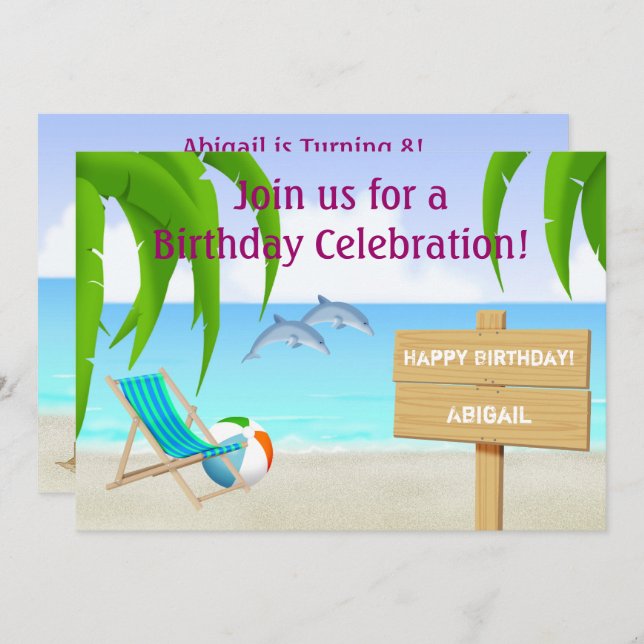 Cute Personalised Dolphins Beach Birthday Party Invitation (Front/Back)