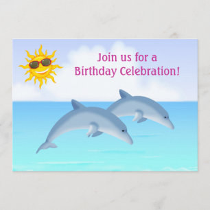Cute Personalised Dolphins Girl's Beach Birthday Invitation