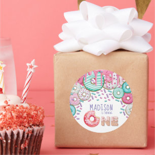 Cute Personalised Doughnut Sprinkles First Birthda Classic Round Sticker