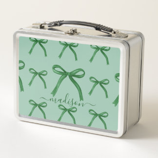 Cute personalised elegant green bow pattern  metal lunch box