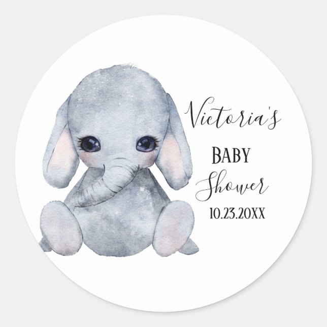 Cute Personalised Elephant Watercolor Baby Shower Classic Round Sticker (Front)