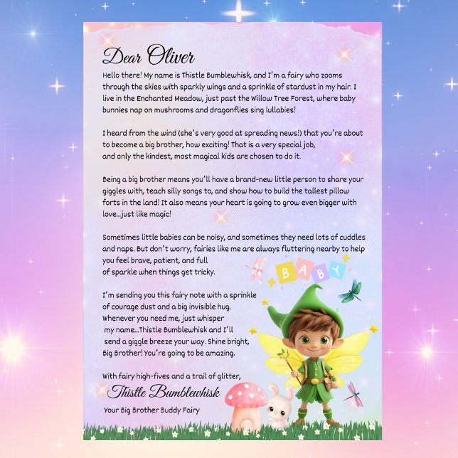 Cute Personalised Fairy Letter for Big Brother  Invitation (Personalized Fairy Letter for Big Brother, Cute Boy Fairy Magical New Sibling Encouragement Letter)