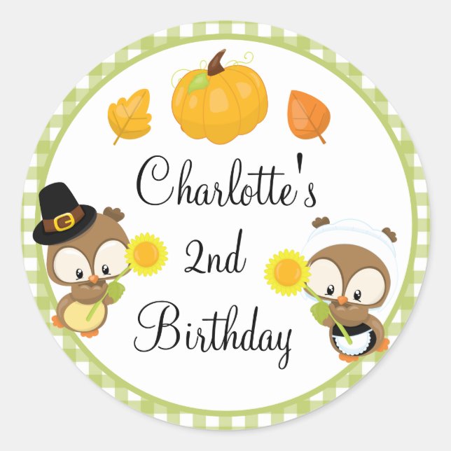 Cute Personalised Fall Owl Birthday Classic Round Sticker (Front)