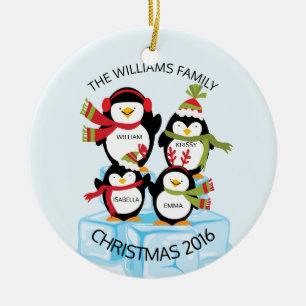 CUTE Personalised Family Of 4 Penguins Christmas Ceramic Tree Decoration