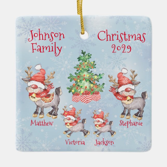 Cute Personalised Family of 4 Reindeer Ceramic Ornament (Front)