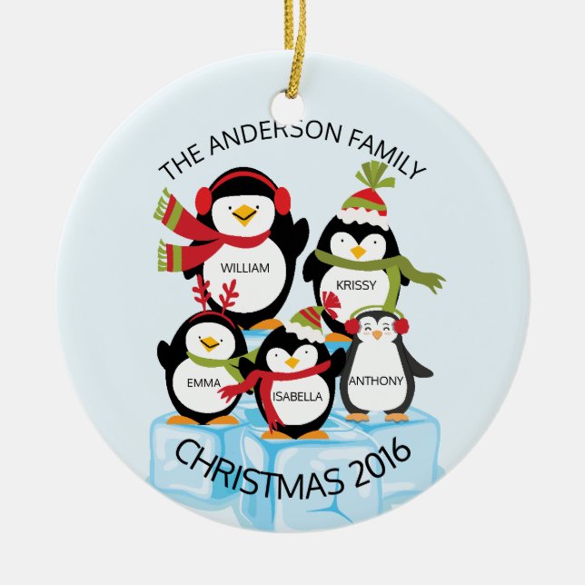 CUTE Personalised Family Of 5 Penguins Christmas Ceramic Tree Decoration (Front)
