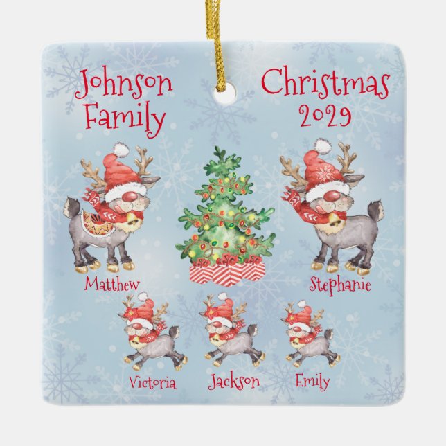 Cute Personalised Family of 5 Reindeer  Ceramic Ornament (Front)