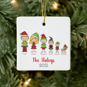 Cute Personalised Family With Dog Christmas Ceramic Ornament